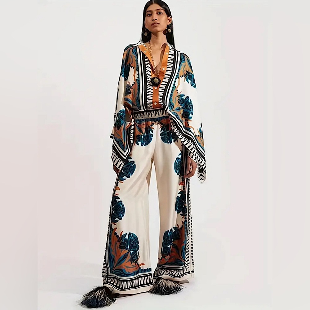 Exotic 2 piece set long sleeve blouse with high waist wide leg pants
